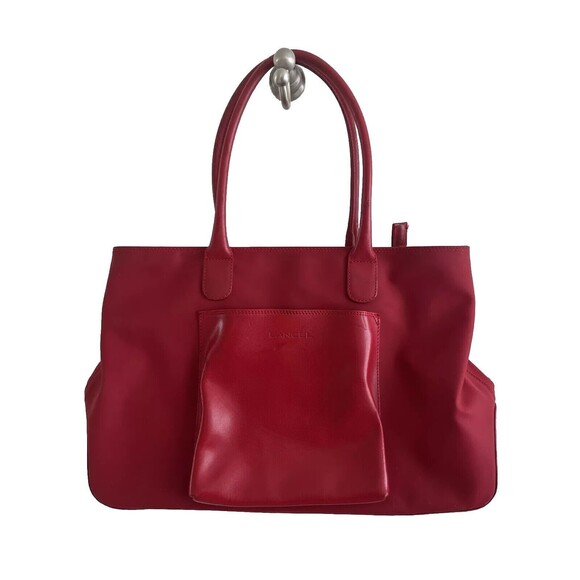 VGUC Lancel Authentic Red Nylon & Leather Bag Zip Top Shoulder Handbag Tote - Picture 1 of 15